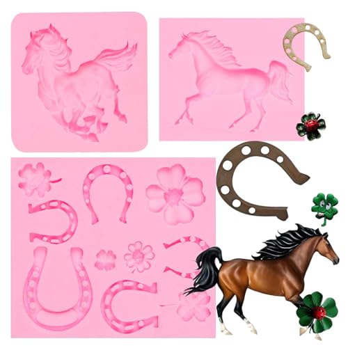 Horse and Horseshoe Silicone Molds, 3 Packs Fondant Molds with Flowers for Cake Decorating