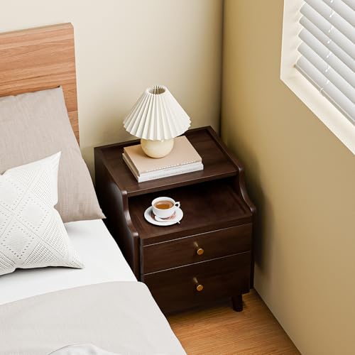 Image of Nightstand with Drawers, Pre-Assembled, 19.7 inch H Natural Solid Wood Night Stand with Open Sliding Shelf, Mid Century Modern Small Bedside Table Cabinet for Bedroom, Black Walnut 16 inch