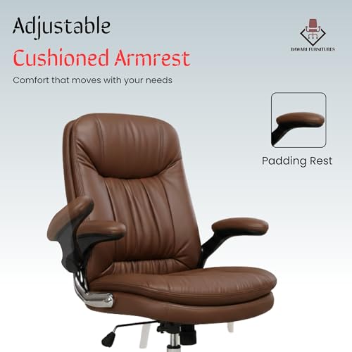 Image of Premium Leatherette Executive Office Chair with Chrome Base & Padded Armrests | Adjustable Height Swivel Desk Chair for Office & Home (Brown)
