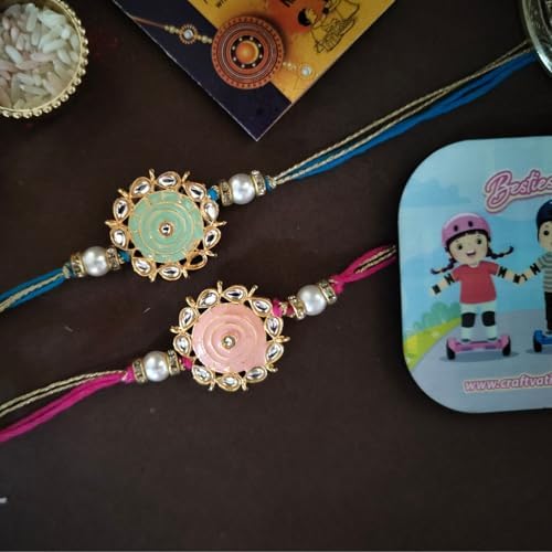 Image of CraftVatika Rakhi Set of 2 for Brother, Floral Kundan Designer rakhi Combo For Brother Bhaiya Bhabhi Raksha Bandhan Gift Band with Fridge Magnet Bracelet Stone Rakhis