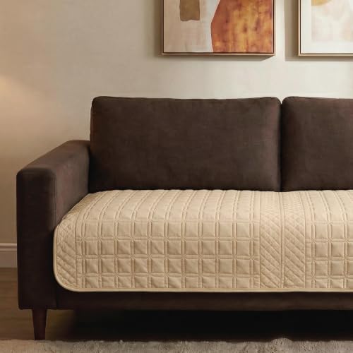 Image of Urban Space Velvet Embroidery Quilted Sofa Cover mat, Premium 2 Seater Non-Slip Sofa slipcover, Easy Care & Machine Washable, Seat Runner for Couch for Living Space (2 Seater - Cuboid Beige)