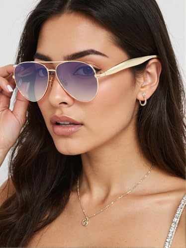 Image of Oversized Aviator Sunglasses For Women 70s Retro 2025 Metal Shades with Gold Streamline Arms