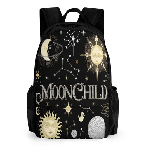 Men Women Polyester Sun Moon Stars Space Celestial Illustration Daypack Big Capacity Shoulder Bag With Smooth Zippers for Hiking Work Walking Cycling