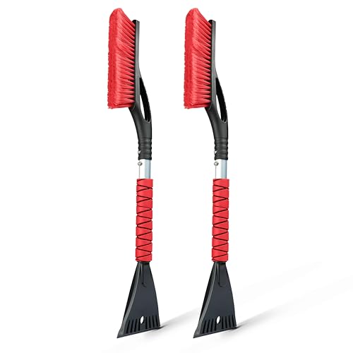 Image of EcoNour 27 inch Car Snow Brush and Ice Scrapers for Car Windshield Red- 2 Pack | Scratch Free Bristle Head Snow Brush & Tough Window Snow Scraper with Aluminium Body