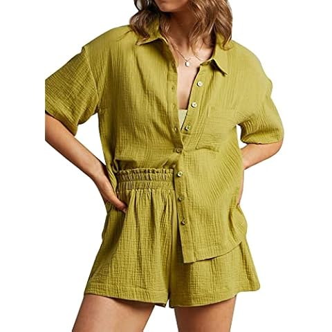 Flygo Womens Casual 2 Piece Outfits Cotton Linen Sets Button Down Shirt Shorts Resort Wear 2024 Pajama Beach Set(Yellow-M) Cover