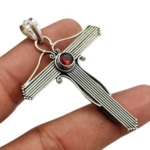 Christmas Day Jewelry, Cross Shape Natural Garnet Pendant, 925 Sterling