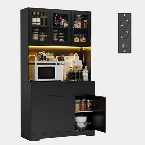 Xbro Buffet de Cuisine Haut 180cm avec Éclairage LED et Prise Électrique, Meuble de Rangement Cuisine 6 Portes Vitrées et 2 Tiroirs, Armoire de Rangement...