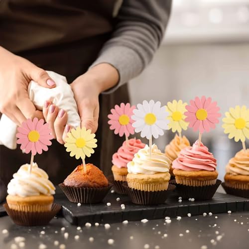 Ephlyn UKEPH0145-MU 24Pcs Daisy Cupcake Toppers Flower Cake Topper Decorations Daisy Cake Decorations Chrysanthemum Cupcake Toppers Spring Daisy Flower Cake Picks thumb #3