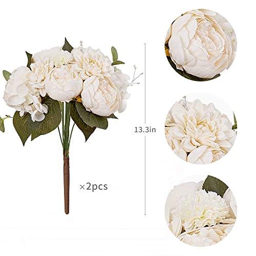 MISSPIN 2Pcs Artificial Flowers Peony Silk Flowers Bouquet Bridal Bouquets Wedding Bouquets Indoor Decoration Silk Flower Decor Wedding Arrangement Bouquet Party Table Anniversary Decor (Ivory White)