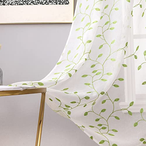 MIULEE 2 Panels Brown Leaves Embroidered Sheer Window Curtains Beautiful Elegance Grommet Spring Feel Window Voile Panels/Drape/Treatment for Bedroom Living Room Leaves Green 55" Wx69 L - Image 3