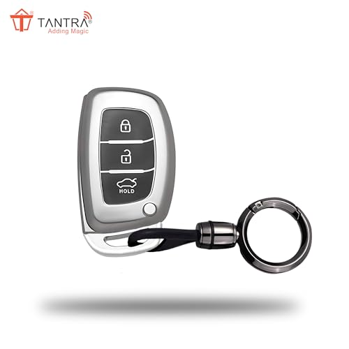 Image of SIAGO TPU Key Cover and Round Keychain Compatible for Hyundai Aura Elantra I.10 Grand Nios I.20 Elite Verna 4S Creta I.10 Grand I.20 Activa Tucson Xcent 3 Button Smart Key (Grey)