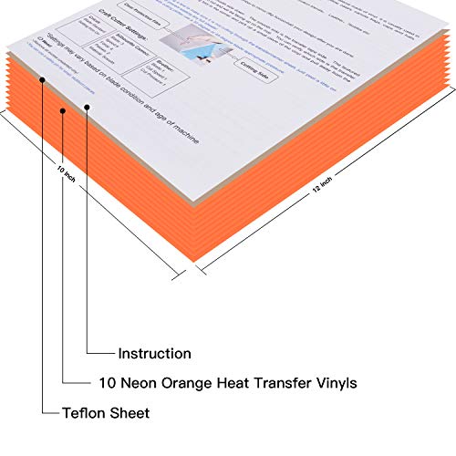 Jandjpackaging Neon Orange Heat Transfer Vinyl Htv For T-Shirts 12"X10" 10 Pack Iron On Vinyls (Fluorescent Orange) #TOP1