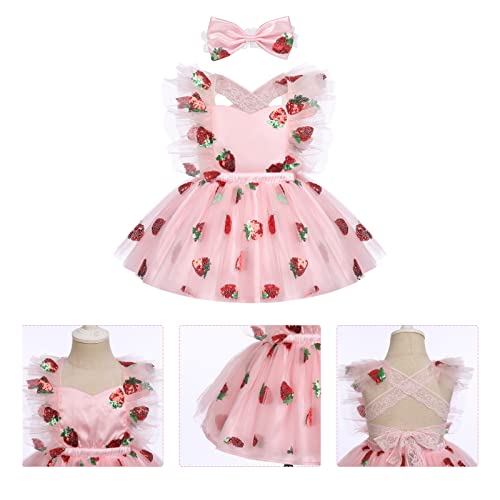ODASDO Baby Girls Toddler Kids Strawberry Tutu Tulle Princess Romper Dress with Bowknot Headband Set4