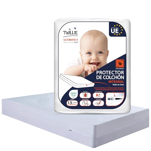 Twillie – Funda de colchón Integral 70x160x15 cm Impermeable – Anti-chinches – Oeko-Tex® Protector de colchón Completo con Cremallera - Tratamiento AEGIS® Anti-ácaros, Antibacteriano – Fabr. en la UE