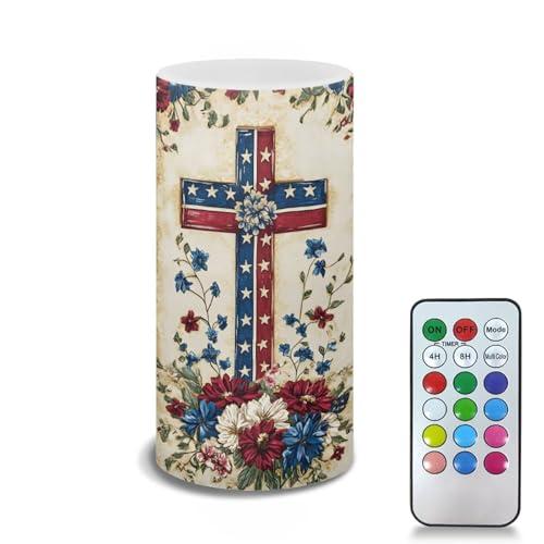 Poceacles Cross American Flag Floral Print Flameless Candle 4th of July Patriotic Decorations Flickering Wick Realistic Votive Electric Candle for July Fourth Festival Holiday Decor