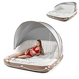 GYMAX Badeinsel Aufblasbar Schwimminsel mit Einziehbarem & Abnehmbarem Vordach Liegeinsel Canopy Island UPF 50+ Schwimmliege für 2 Erwachsene 180 x 180 x 160 cm