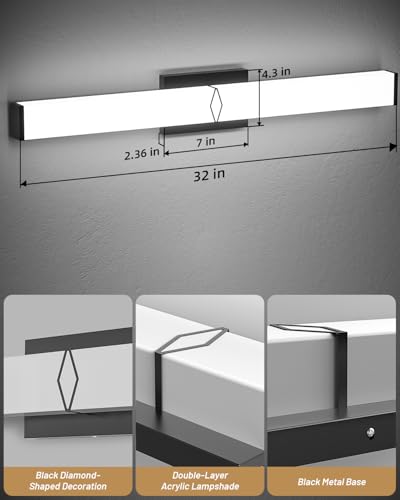 Image of Bathroom Vanity Light,32inch 5CCT Modern Dimmable Bathroom Light Fixtures Over Mirror,32W 3600LM Lighting Bar Fixture,Black LED Vanity Lights,2700K /3000K /4000K /5000K /5700K,ETL Certified