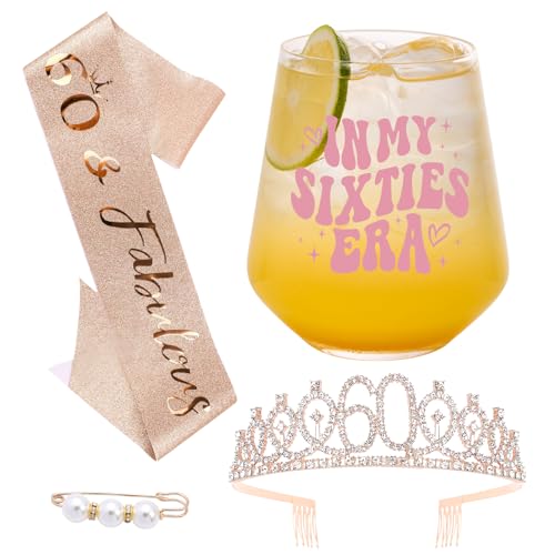 TrophyToast 60th Birthday Gifts For Women - In My 60s Era Wine Glass, 60th Birthday Decoration for Women with Rose Gold Sash & Crown, 60 Years Old Gifts For Sister, Son, Daughter, Mom, Best Friend