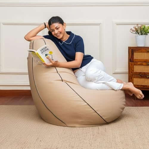 Image of Sattva Classic 4XL Bean Bag Chair with Beans Filled | Sofa Style Faux Leather Beanbags for Living Room | Pre-Filled Bin Bags Sofa & Beam Bag for Adults | Home & Office, Beige with Brown Piping