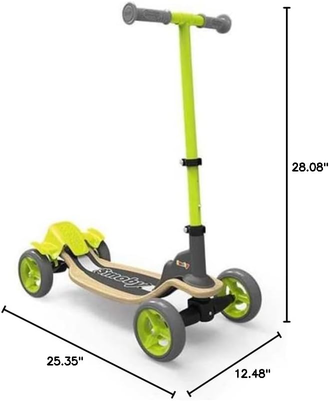 Diagram showing the dimensions of the Smoby Wooden Fun Scooter, including length, width, and height.