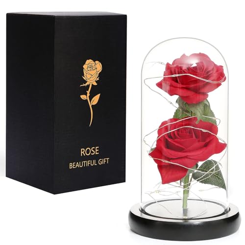 YOQIVEXU Glass Rose Gift for Mom, Beauty and The Beast Rose Gift for Her, Light Up Rose in a Glass Dome, Red Silk Rose Lasts Flower for Best Valentine's Day, Anniversary Wedding Birthday Box