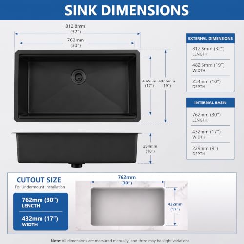 Image of LQS Black Undermount Kitchen Sink, 32 Inch Undermount Kitchen Workstation Sink with X-Shaped Drain Line, 10 Inch Deep Single Bowl Black Kitchen Sinks For Modern Kitchen