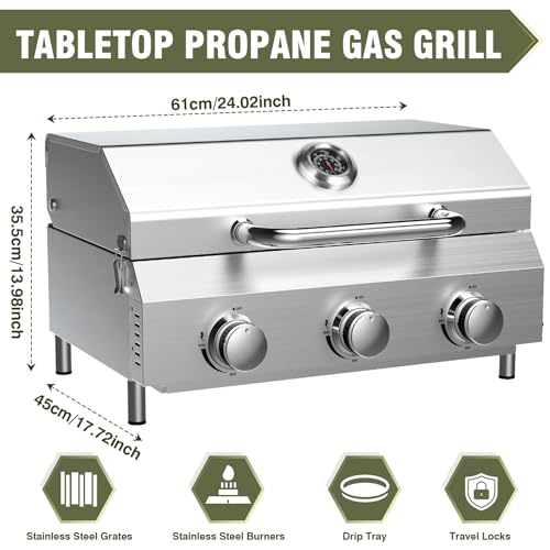 Image of Bestfire 3-Burner Tabletop Gas Grill, 30,000 BTU Portable Propane Grill with Heavy-Duty Thickened Grates & Stainless Steel Knobs, Compact Design&Detachable Legs for Camping, RV, Backyard BBQ