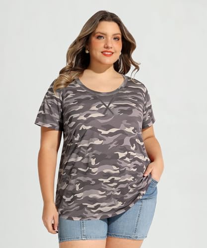 Image of CARCOS Plus Size Tops for Women Short Sleeve Shirt Summer Star /Leopard /Tie Dye /Flower Crewneck Pullover Tunic XL-5XL
