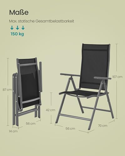 SONGMICS Gartenstuhl 2er Set, Klappstuhl, Outdoor-Stuhl, mit Metallgestell, 8-Fach verstellbare Rückenlehne, bis 150 kg belastbar, schwarz GCB29BK