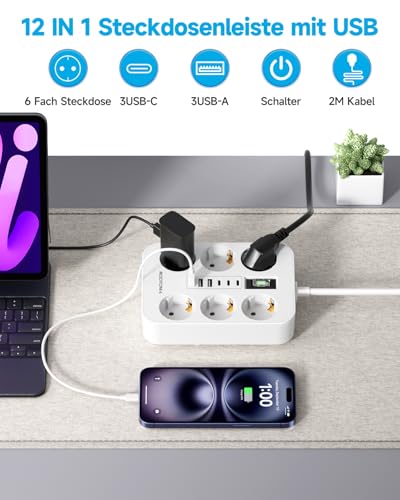 Steckdosenleiste 6-Fach mit USB (3 USB-A 3 USB-C) Mehrfachsteckdose Wandmontage, Steckdose mit Schalter und 2M Verlängerungskabel Überspannungsschutz Steckdose, Weiß 2