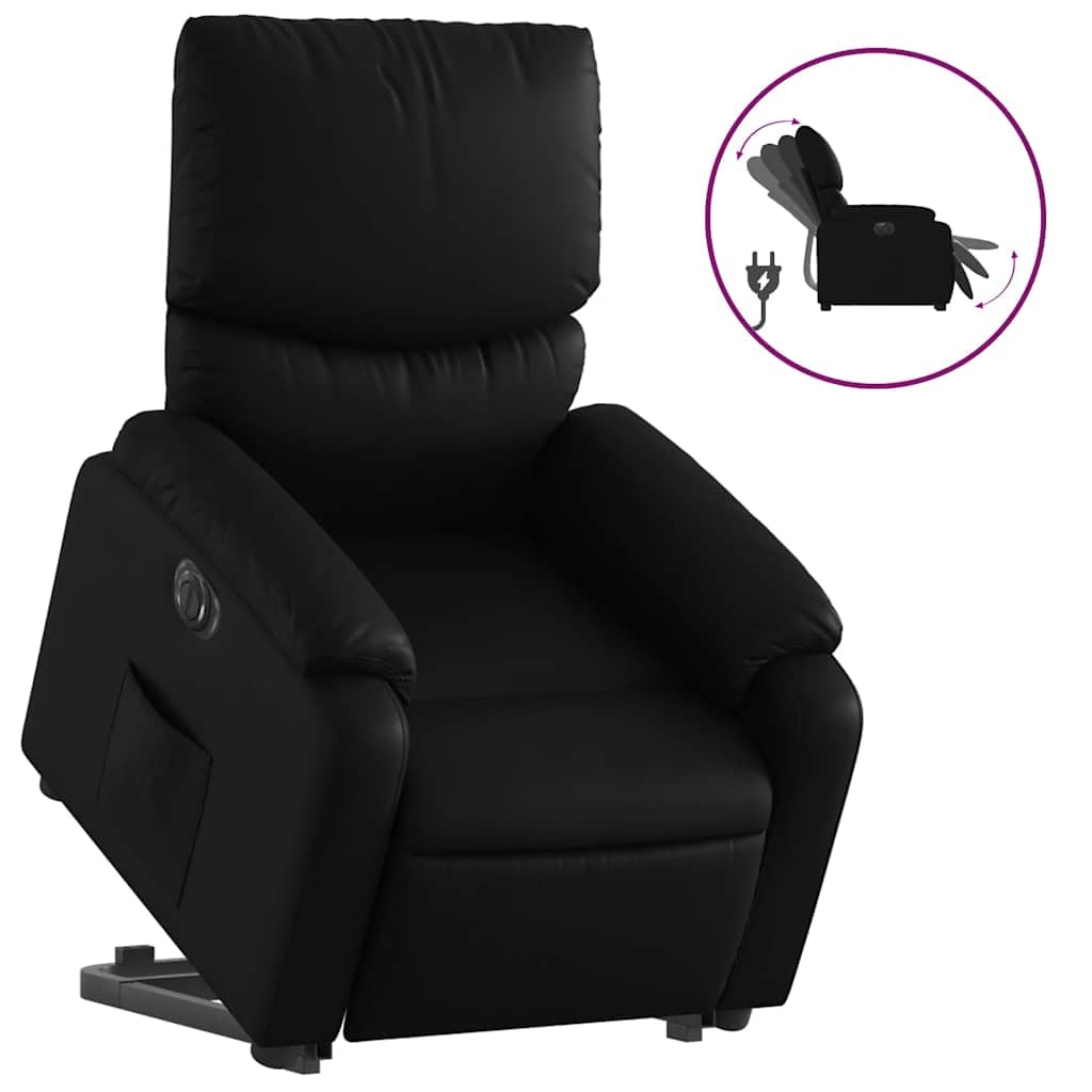 Sillón elevador reclinable eléctrico de piel sintética negra con función de elevación e inclinación a 135 grados, estructura estable y bolsillo lateral, asiento cómodo para adultos