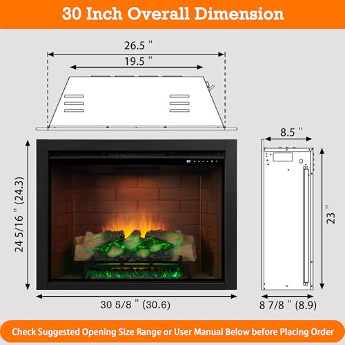 Image of Electric Fireplace Insert w /Top Light, 12x12x12 Flame Color Option with Fire Crackling Sound, 30 5 /8″Wx24 5 /16″H, 750W /1500W Eco Heater, Remote & Button Control, Black