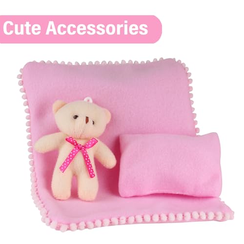 Baby Doll Cradle Bassinet Portable Doll Carrier Carry Bag Doll Bed Cot,Baby Doll Accessories Playset,Soft Pillow Quilt Blanket Plush Bear,for 8-9-10-11-12 Inch Smaller Alive Baby Doll,Pretend Play Toy