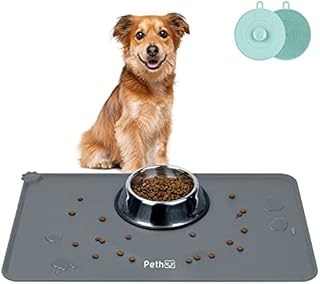 Pethee Pet Feeding Mat Silicone Dog Food Mat Non Slip Cat Bowl Mat, Waterproof Dog Feeding Tray Pet Placemat Pet Food Pad Easy to Clean Protects the Floor (Grey Silicone)