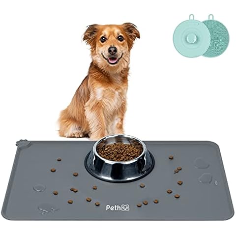 Pethee Pet Feeding Mat Silicone Dog Food Mat Non Slip Cat Bowl Mat, Waterproof Dog Feeding Tray Pet Placemat Pet Food Pad Easy to Clean Protects the Floor (Gray 47x30cm) Cover