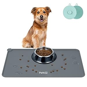 Pethee Futtermatten für Hunde Katzen, Napfunterlage wasserdichte und rutschfeste Silikon Fressnapf Unterlage, Hundefuttermatte Katzenschalenmatte, Tiernahrung Pad (Grau 47x30cm)