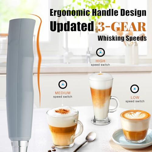Image of Nahida Cement Gray Milk Frother Wand for Coffee, Frother Handheld Rechargeable Electric Whisk with 3 Heads 3 Speeds Drink Mixer Coffee Frother Foam Maker For Latte, Cappuccino, Hot Chocolate, Egg