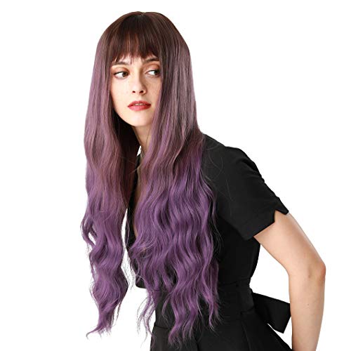 Long Wavy Wigs with Bangs 26" Taro Purple Curly Synthetic Hair Soft Costume Cosplay Full Wig for Halloween Women Girl