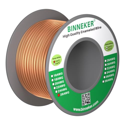 BINNEKER - BINNEKER 26 AWG Magnet Wire - Enameled Copper Wire - Enameled Magnet Winding Wire - 4 oz - 0.0157" Diameter 1 Spool Coil Natural Temperature Rating 155℃ Widely Used for Transformers Inductors