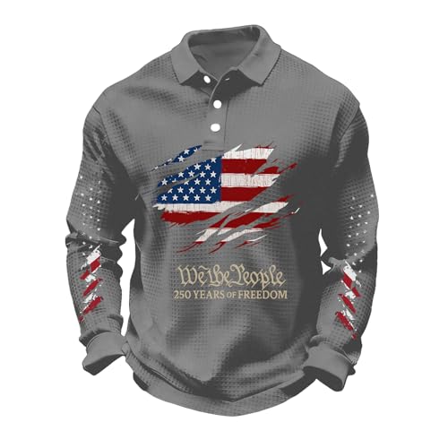 250th Anniversary USA Shirt, American Flag Polo Shirt Men Independence Day American Flag Red White and Blue America 4th of July Long Sleeve Button Down Outfits XL