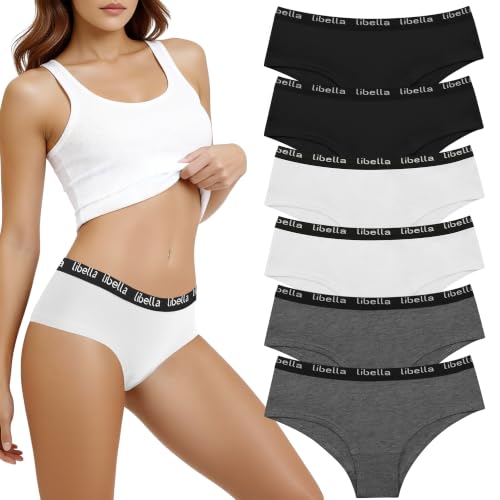 Libella Majtki damskie, bawełniane, 6 sztuk, majtki damskie, wielopak, bawełniana bielizna, wygodne majtki damskie, 3411, 2 czarny 2 biały 2ciemnoszary, XL