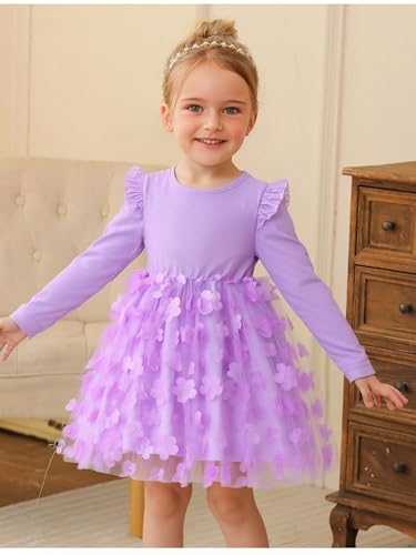 Cute Toddler Girl Princess Tulle Dress Long Sleeve Cotton Sundress Little Girls' Party Dresses,Size 2-9 Y4