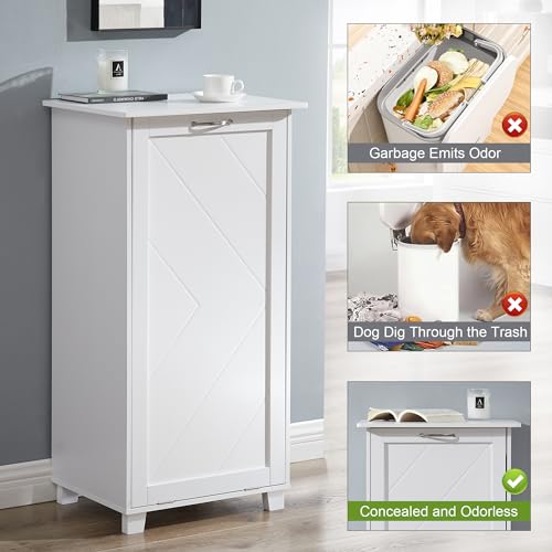 VECELO Tilt Out Kitchen Trash Bin Cabinet, Dog Proof Garbage Can with Wood Holder Free Standing Recycling, Pure White by VECELO - Used condition - Image 4