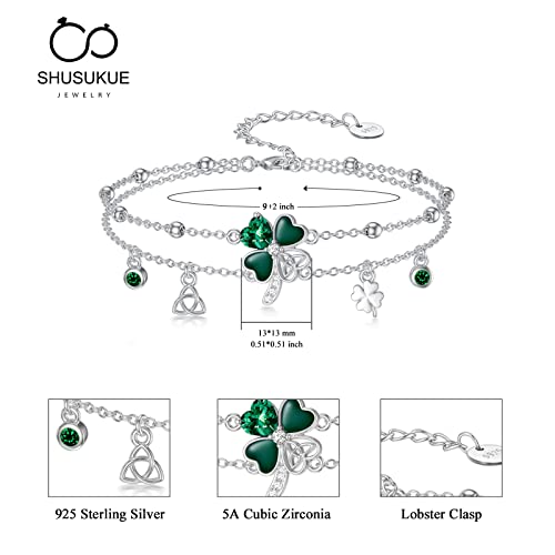 Shusukue Four Leaf Clover Anklet 925 Sterling Silver Shamrock Layered Anklet Celtic Knot Crystal Anklet Bracelet Ocean Beach Foot Accessory St. Patricks Day Good Lucky Irish Jewelry Gifts For Women Girls 9+2 Inch #TOP5