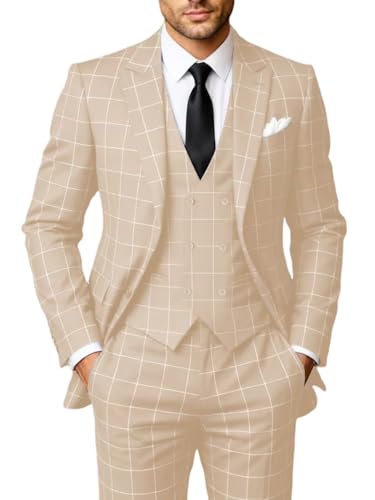 Solovedress Anzüge für Herren 3 Teilig Klassischer Karierter Herrenanzug Sakko Hose Weste für Hochzeiten und Geschäft (Beige,XL)