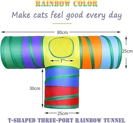 Image of Cawypety Cat Tunnel Toy Collapsible Pet Play Tube with Storage Bag for Cats, Puppy, Rabbits, Guinea Pig, Indoor and Outdoor Use (Rainbow 3 Way Tunnel)