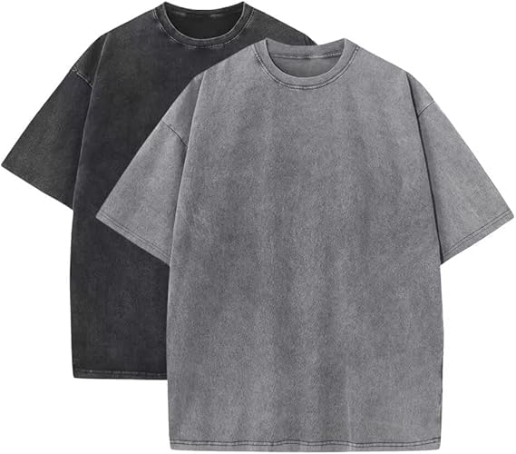 2PCS Men Oversize T-Shirt Men's Heavy Cotton Summer T-Shirt tee Loose Fit Short Casual Wash Solid Basic tee Tops (M,07)