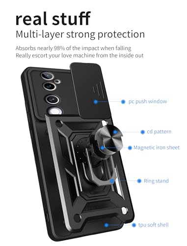 Image of SPAZY CASE Vivo V40 / V40 Pro 5G / T3 Ultra 5G Back Cover | Heavy Duty Hybrid Case with 360 Degree Rotating Finger Ring Holder + Slider Shutter Camera Protection Case - Black