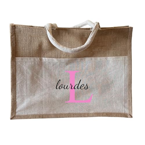 Bolso de yute y bolsillo exterior de algodón Personalizado con Nombre y Inicial | Regalos originales para mujer | Regalo personalizado para familiares, Madres, Bodas, Trabajo , Eventos | Bolso Playa