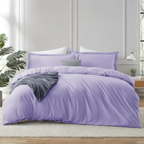 Image of Hearth & Harbor Lavender Duvet Cover with Fitted Sheet Twin Size | 3 Piece Soft Double Brushed Bedding Set, Button Closure, 1 Duvet Cover 68x90 Inches, 1 Fitted Sheet, 1 Pillow Sham